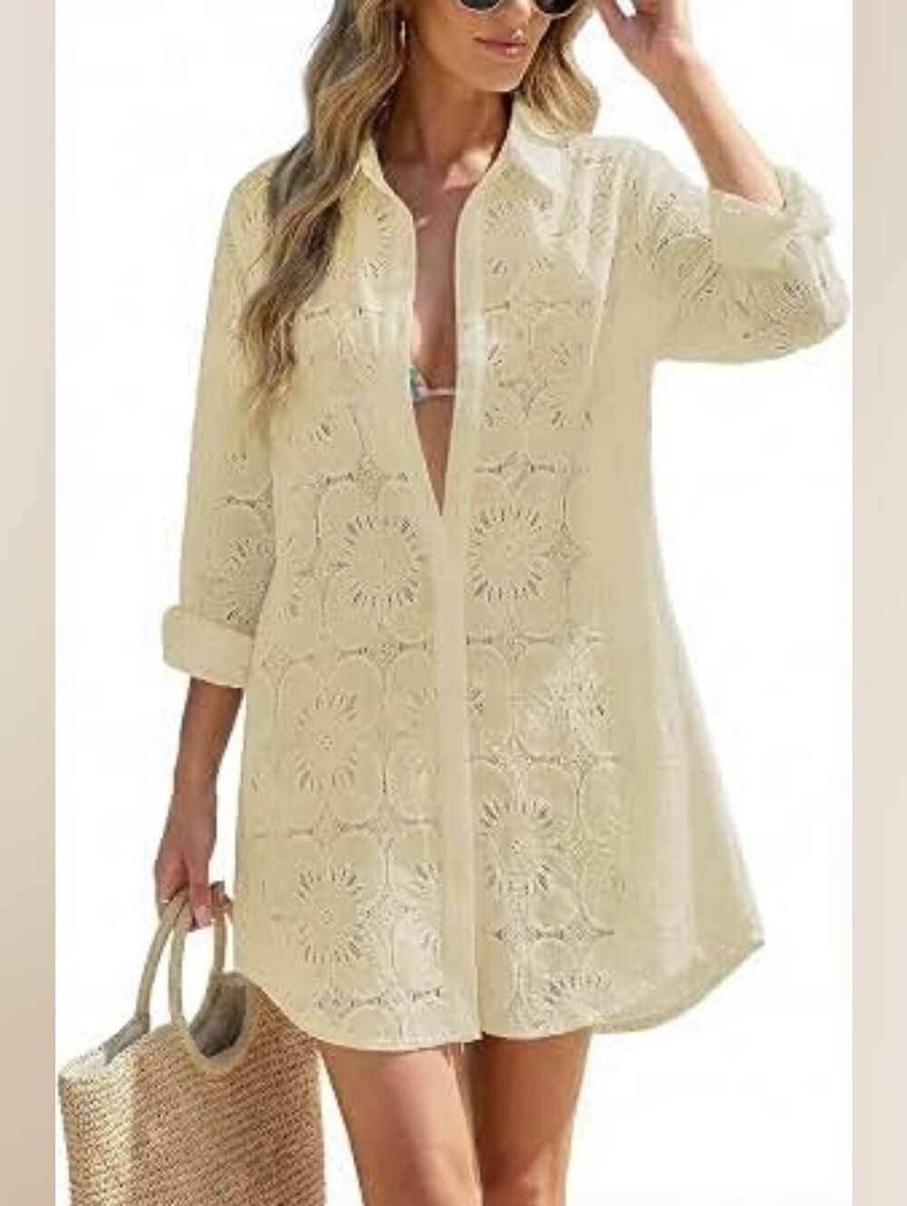 Women’s Crochet Beach Cover-Up Dress Shirt in Cream Nwt Xl